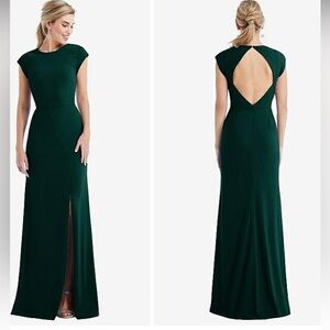 Dessy Thread Cap Sleeve Open Back Trumpet Front Slit Evergreen Maxi Dress NWT 6